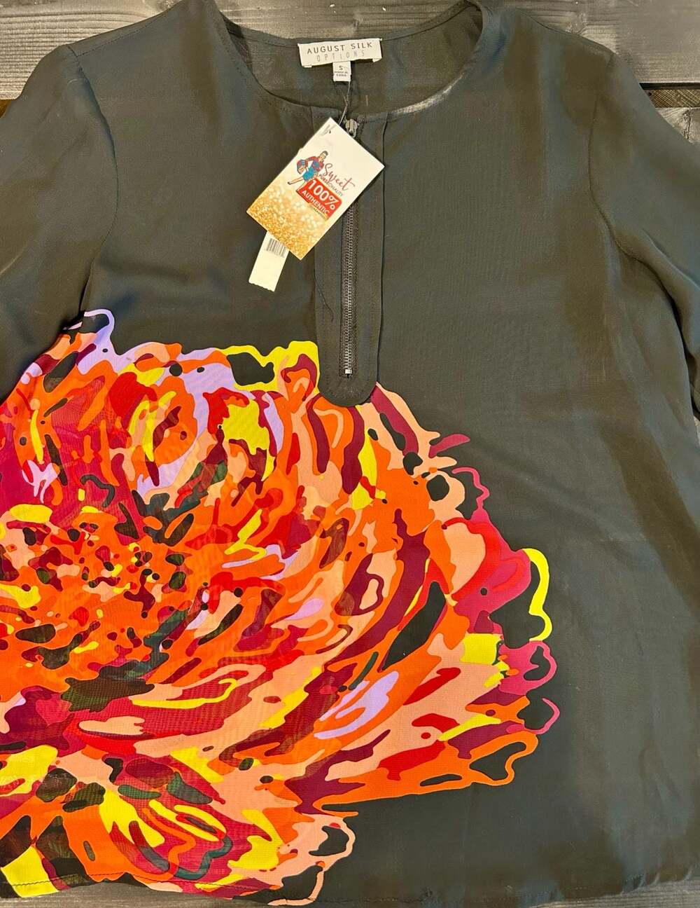 August Silk Options Women's Black Long Sleeve Floral Quarter-Zip Blouse